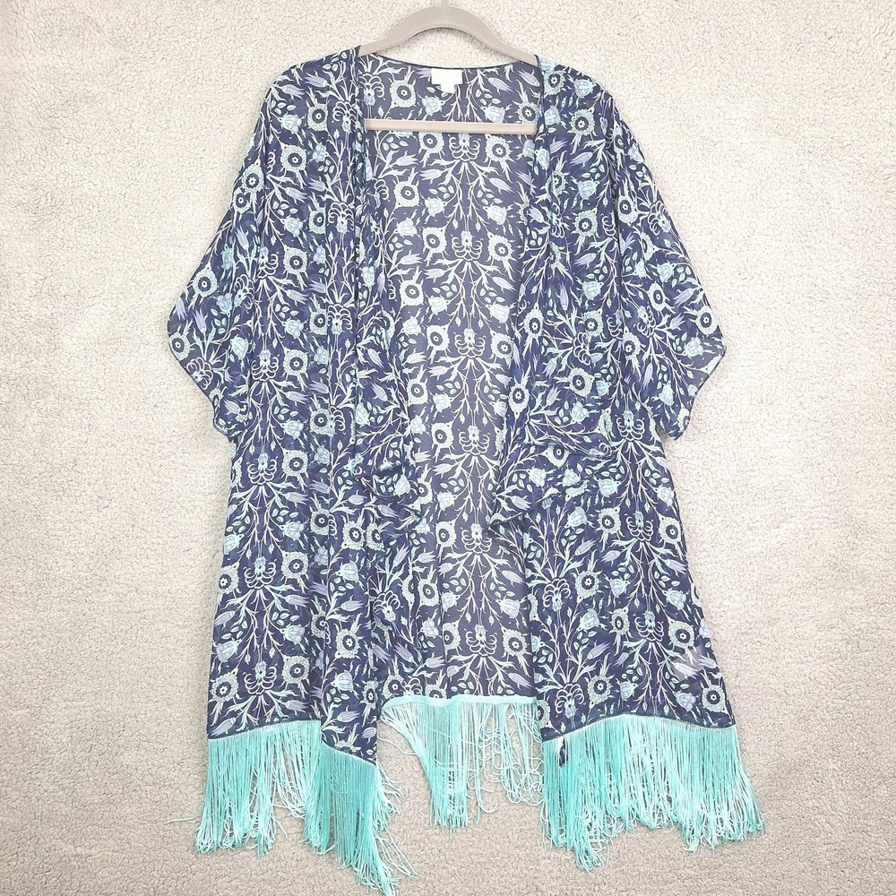 LuLaRoe Monroe Kimono Womens‎ Large Blue Floral Fringe Boho Festival Coverup